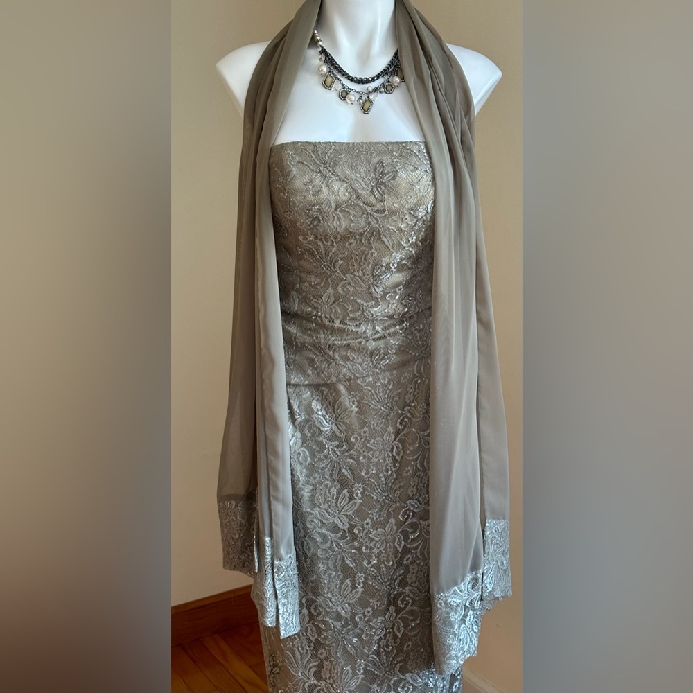 Venezia Fashion Shimmer Lace Maxi Dress Sz 12 Zipper In Back Comes With Shawl